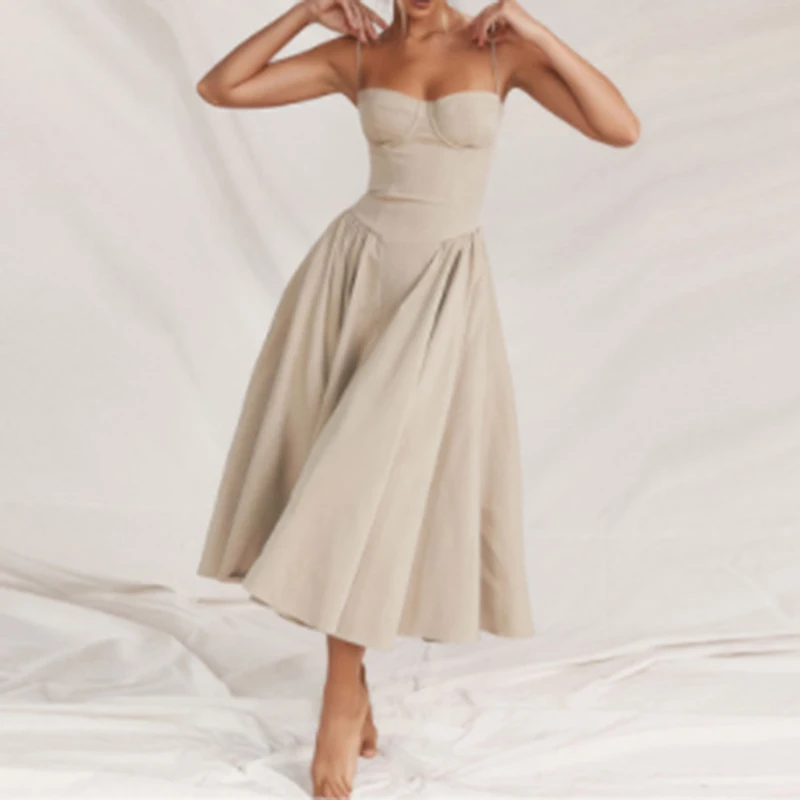 CHICEVER Fashionable Sleeveless Square Collar High Waist Long Dresses Women Dress 2023