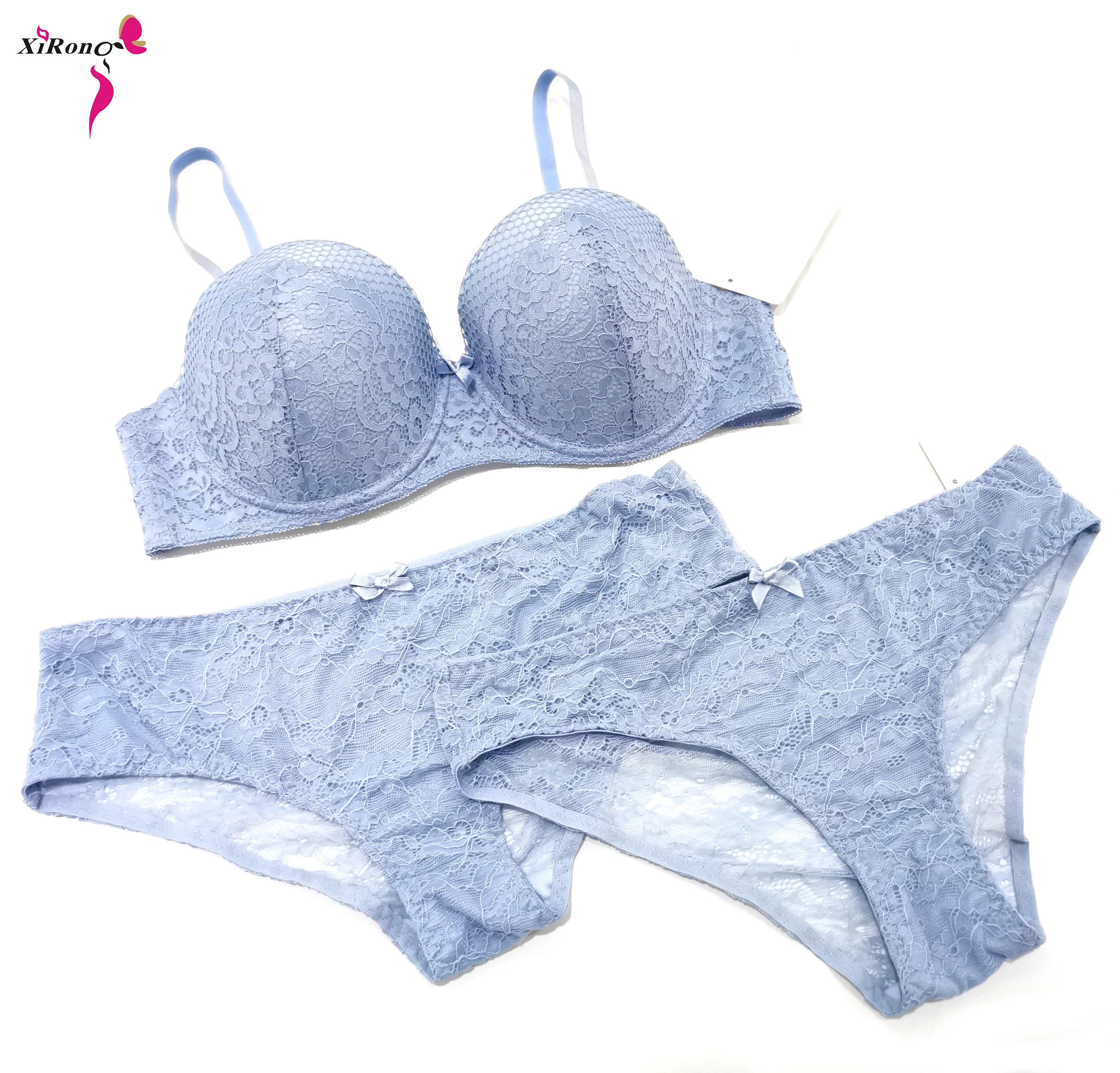 Women High Quality Customizable Solid Color Push Up Underwire Comfortable Soft  Blue Net And Lace Sexy Ladies Bra