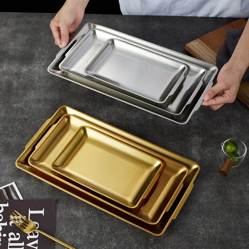 Korean Style Barbecue Plate Gold Luxury Stainless Steel Thickened Baking Food Rectangular Serving Tray For Wedding Hotel