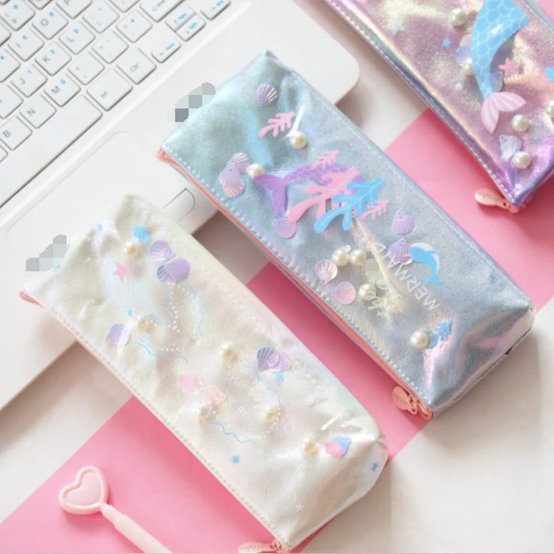 Pen Zipper Bag Pouch Holder Makeup Brush Bag  School Work Office Pencil Bag Sea Animal Mermaid Pencil Case