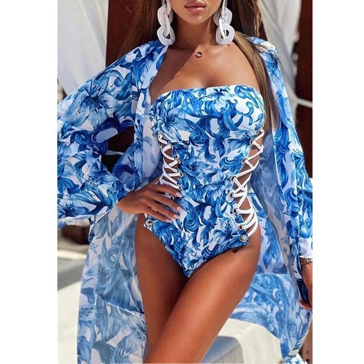 KC 2022 New Arrivals  Women fashion  Printed Bandage Bodysuit and beach dress Two Piece Swimwear