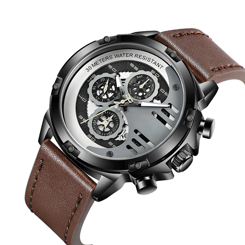 Custom boy fashion chronograph multifunction sport stereo digital hand water proof leather watch for men