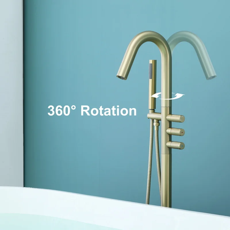 59% solid Brass Floor Mount Stand Freestanding Brushed Gold Rotating Bathtub Tub shower filter Faucet with hand shower sprayer