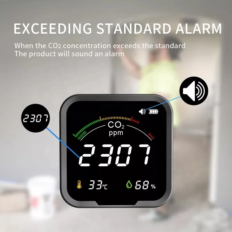 PTH-9C CO2 Detector NDIR 2400mAh Rechargeable Air Quality Monitor Carbon Dioxide Monitoring with Alarm and Low Power Remind