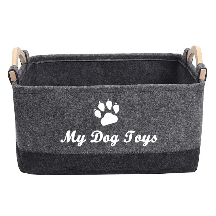 pet toy storage basket Felt storage box with wooden handle organizer collapsible dog toy storage basket