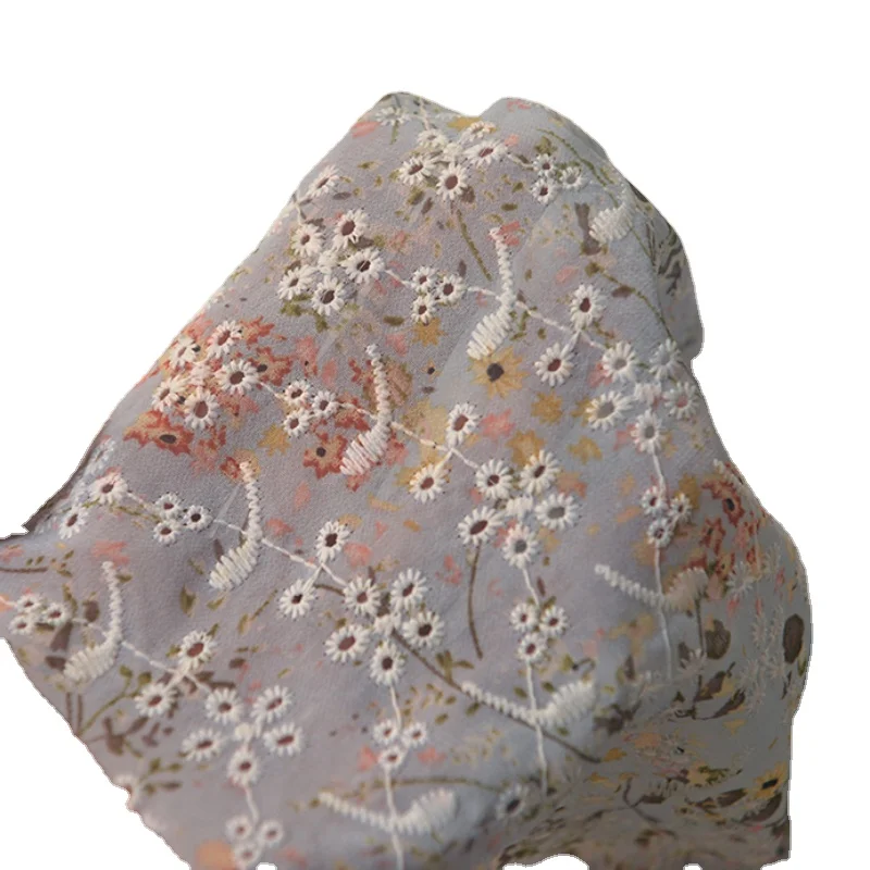 Small flower branch embroidery fresh pastoral style Chiffon Fabric jacket dress scarf Chiffon Fabric