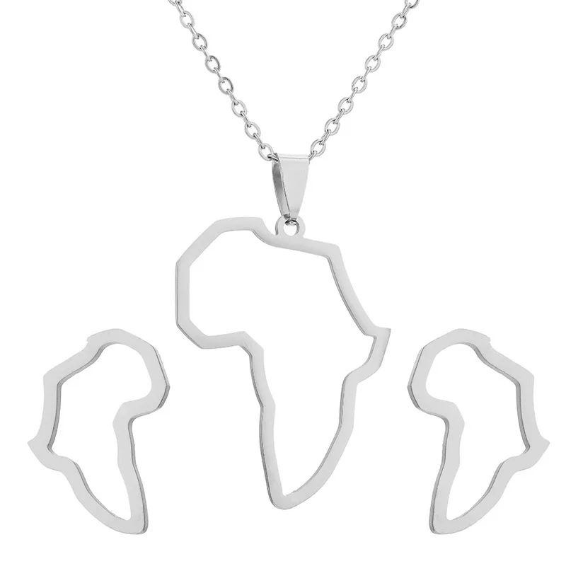 Fashion Stainless Steel Hollow African Map Pendant Necklace Earrings For Dubai Gold Jewelry Set For Women