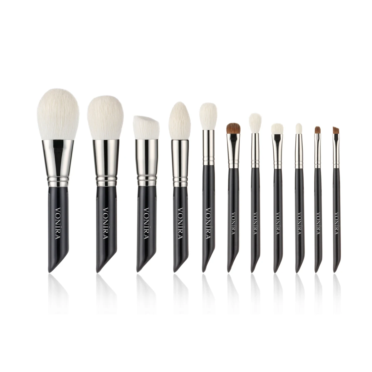 Vonira VPS-09 Must Have Studio 11 Pieces Cosmetic Makeup Brush Set With Silver Brass Ferrule Shiny Black Wood Handles