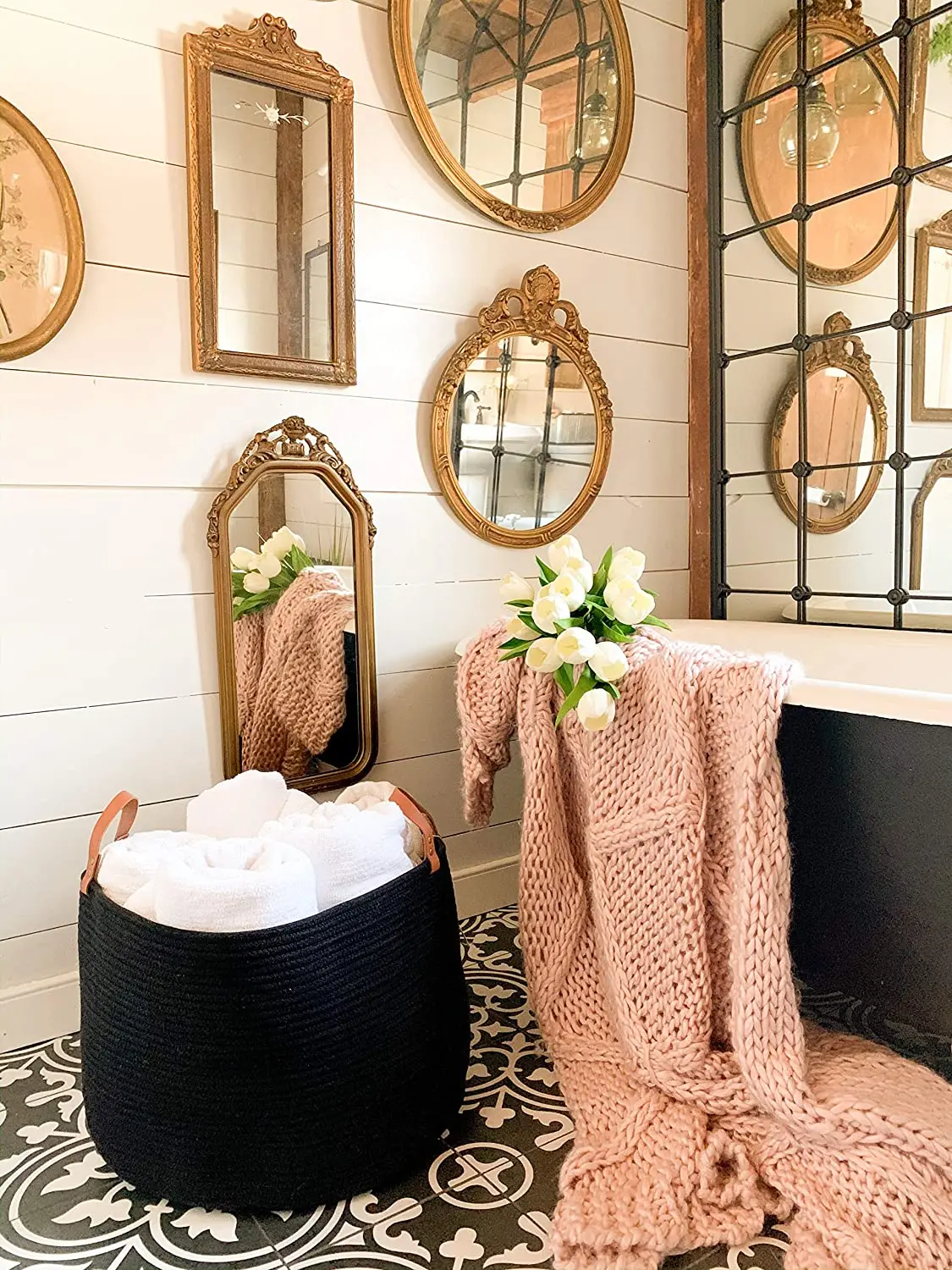 Decorative Floor Basket for Living Room with Genuine Leather Handles Black Extra Large Woven Cotton Rope Blanket Storage Basket