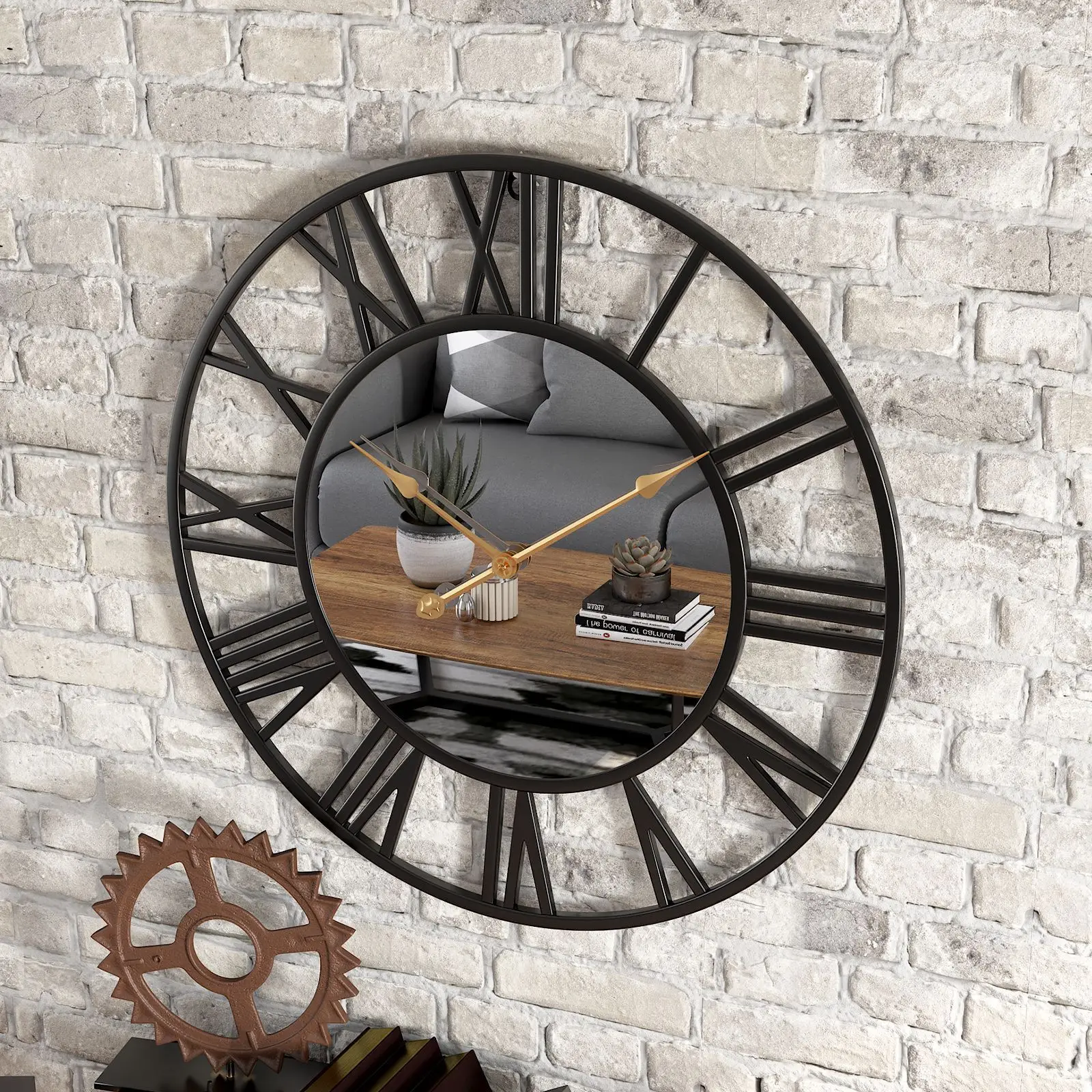 creative circular metal living room and roman numerals mirror wall clock