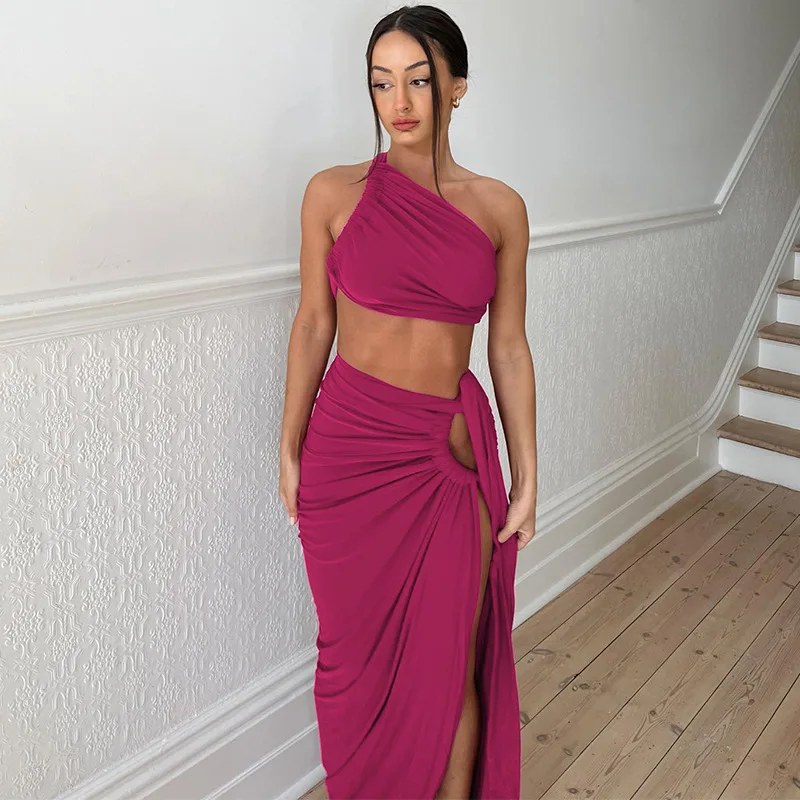 High Quality Sexy off shoulder Halter Bra Top long split skirts Two Piece Set
