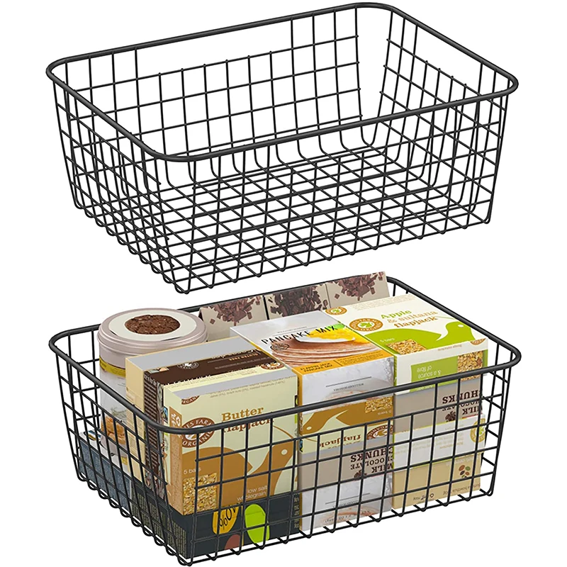 2 pack steel wire storage basket with 4 built-in handles for storage room, shelf, refrigerator, kitchen cabinet, bathroom, black