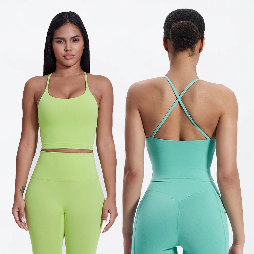 Cross Back Spaghetti Strap Fitness Running Crop Top Women High Stretch Super Soft Shockproof Sports Bra