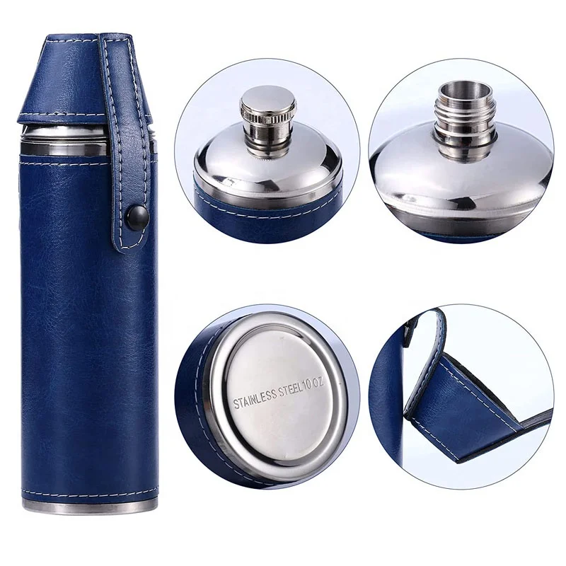 Stainless Steel Cylinder 10oz  Hip Flask Leather Wrapped  Cylindrical Hip Flask with Cup