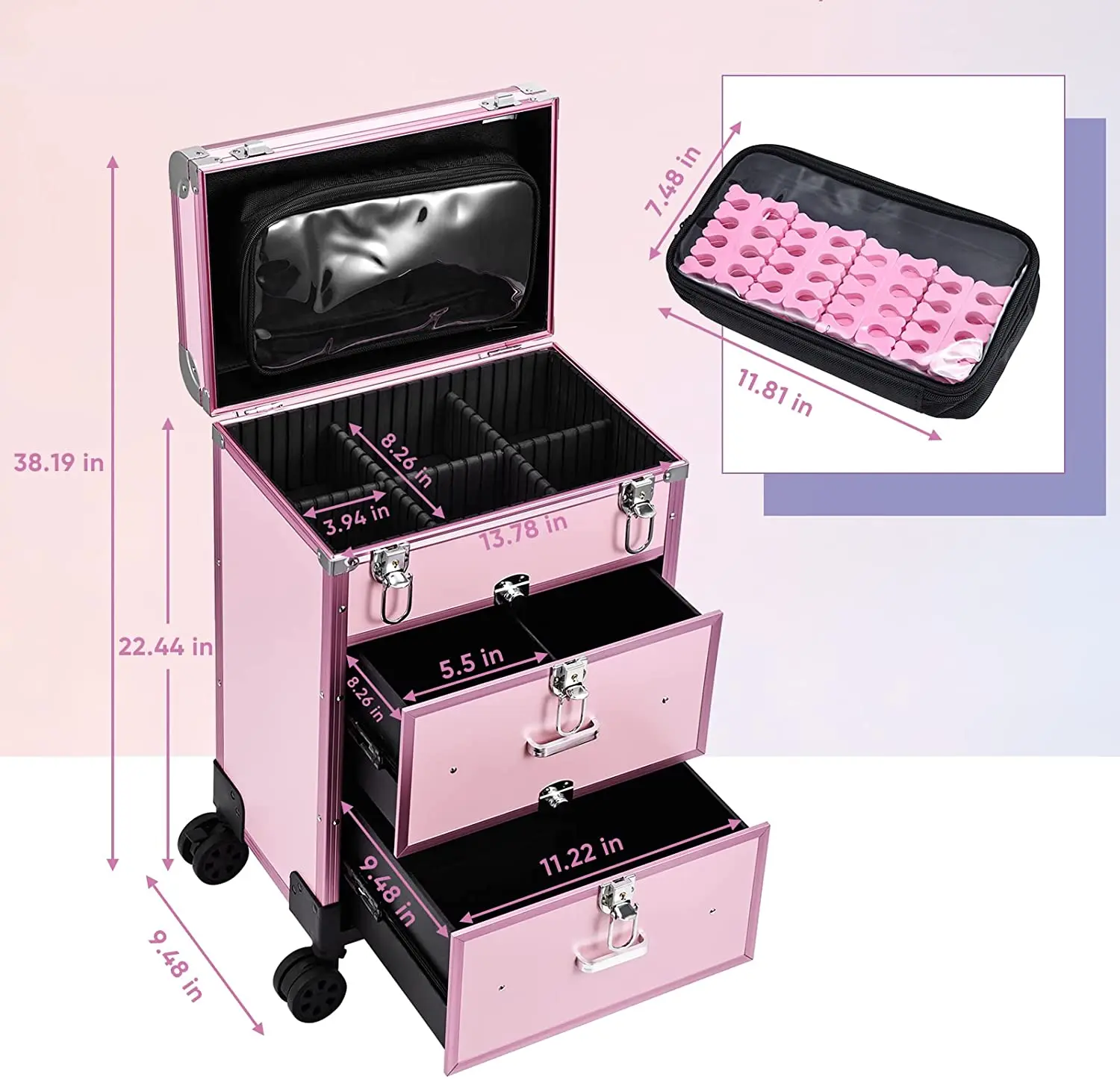 Professional Rolling Makeup Train Case with Drawers, Large Cosmetic Trolley with Locks, Cosmetics Storage Organizer Make up Case