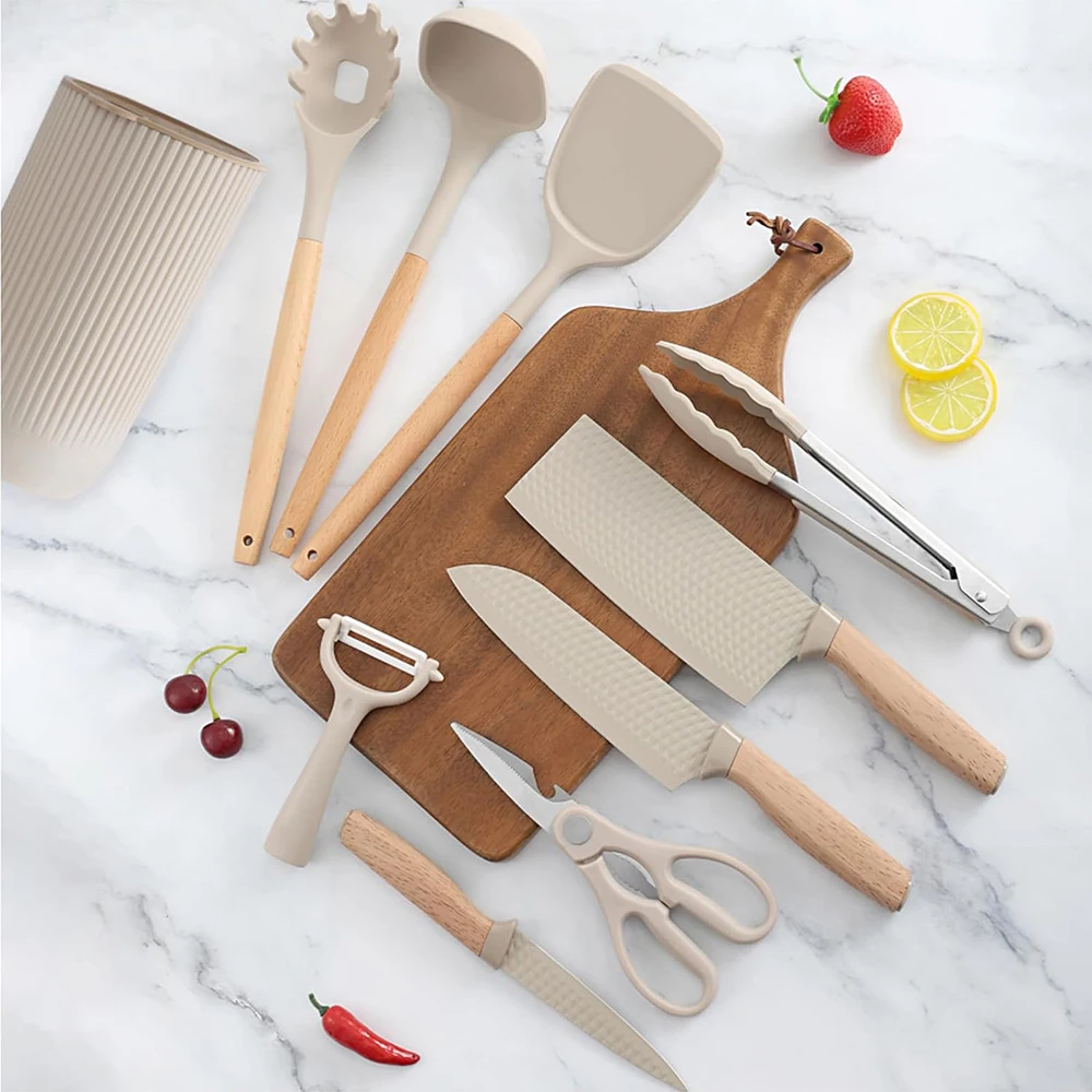 TOALLWIN chef kitchen knives set wooden handle kitchen utensils and kitchen knife set with holder