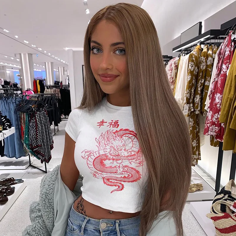 
Harajuku Women Crop Top Female Clothes Women Clothing Dragon Printed Chinese Style Fashion T-shirt Tops 