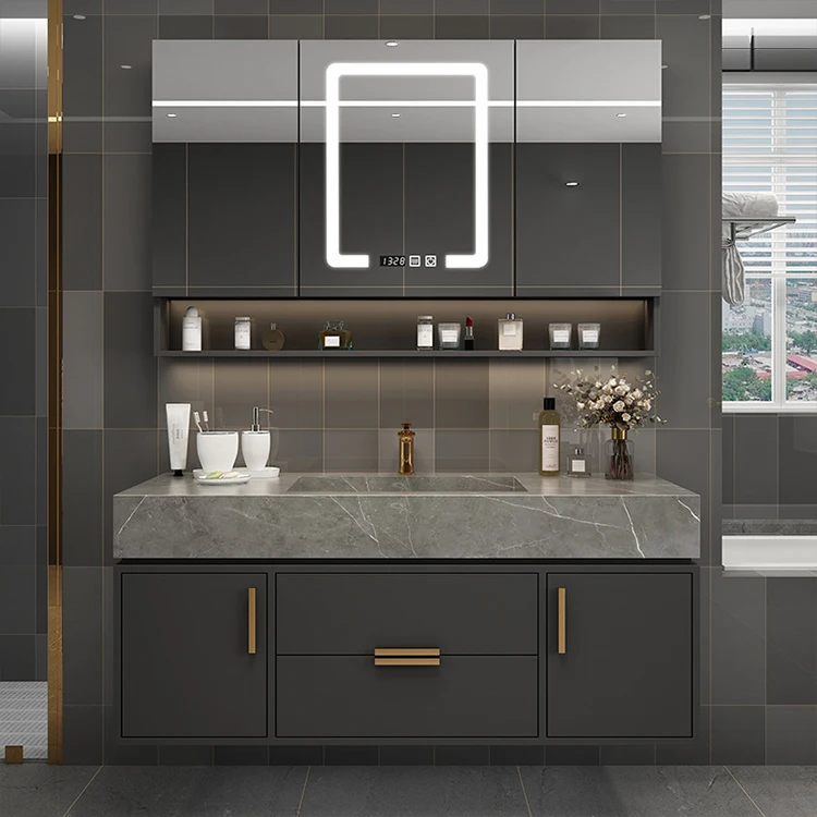 2021 Luxury Bathroom Hanging 3 Mirror Doors Cabinet 80cm Bath Room  Mirror Light 1 Washbasin Vanity Set With Sink