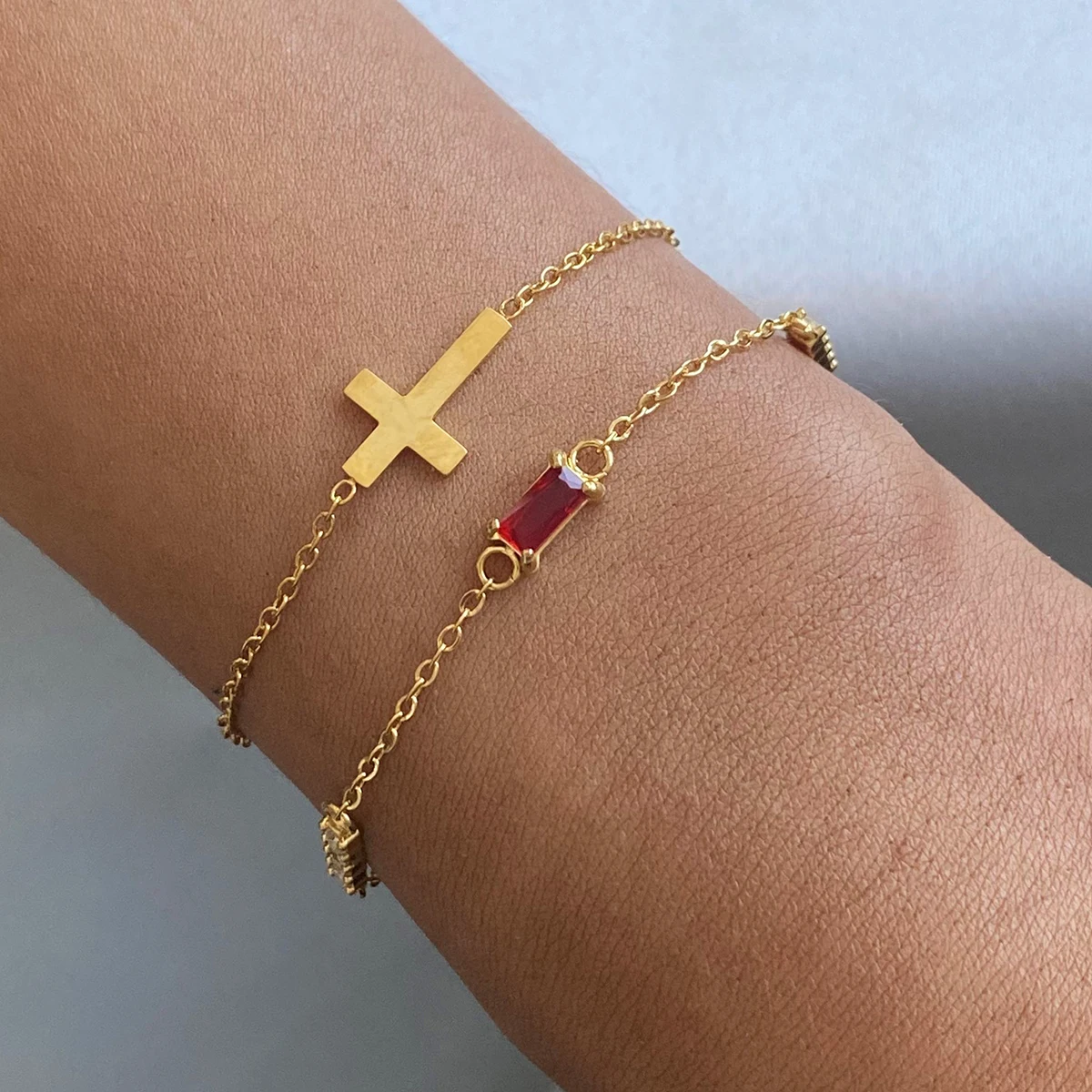 J&D 18k Gold Stainless Steel December Birthstone Red Zircon Cross Layered Bracelet Stylish Gift for January Birthdays