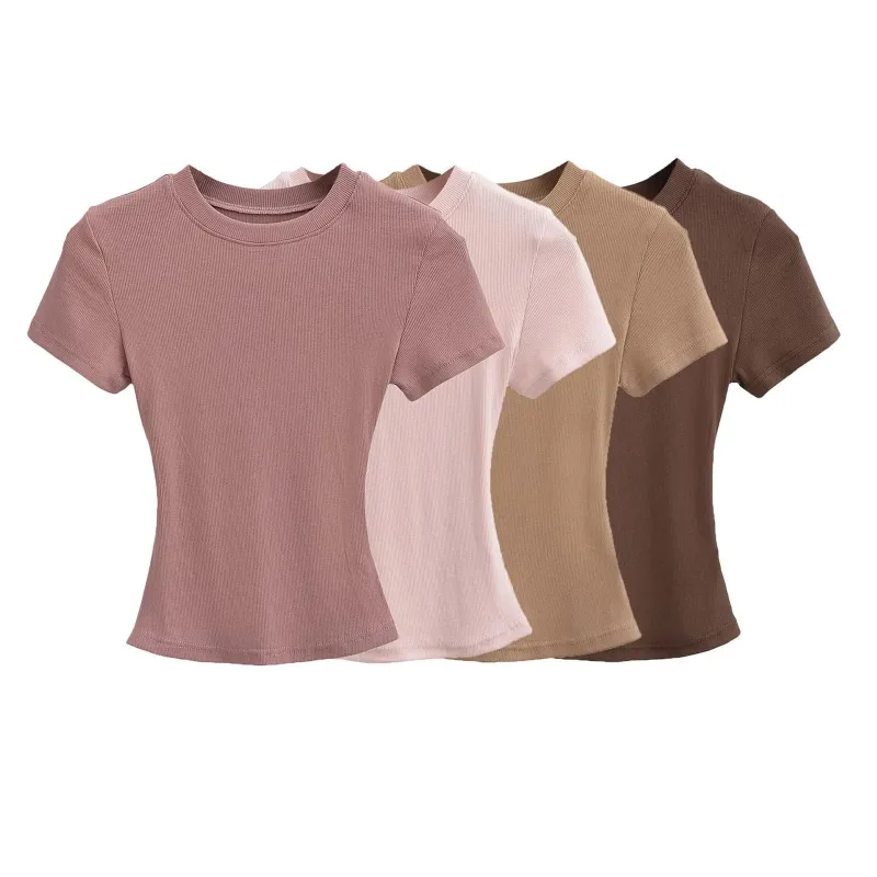 Solid Y2K Tee Tops Round Neck Rib Baby Tee Elastic Shoulder Short Sleeved T-shirt 2024 Summer New Collection Waist Cinching