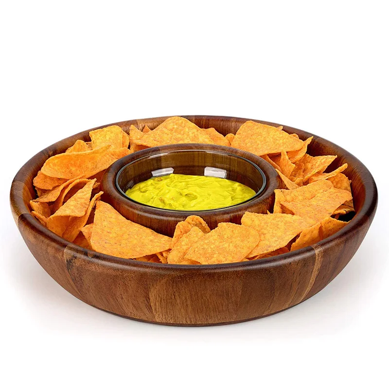 Natural Handcracfted Acacia Wood Chip and Dip Specialty Salsa Bowl Plate Tray with Round Dipping Hole