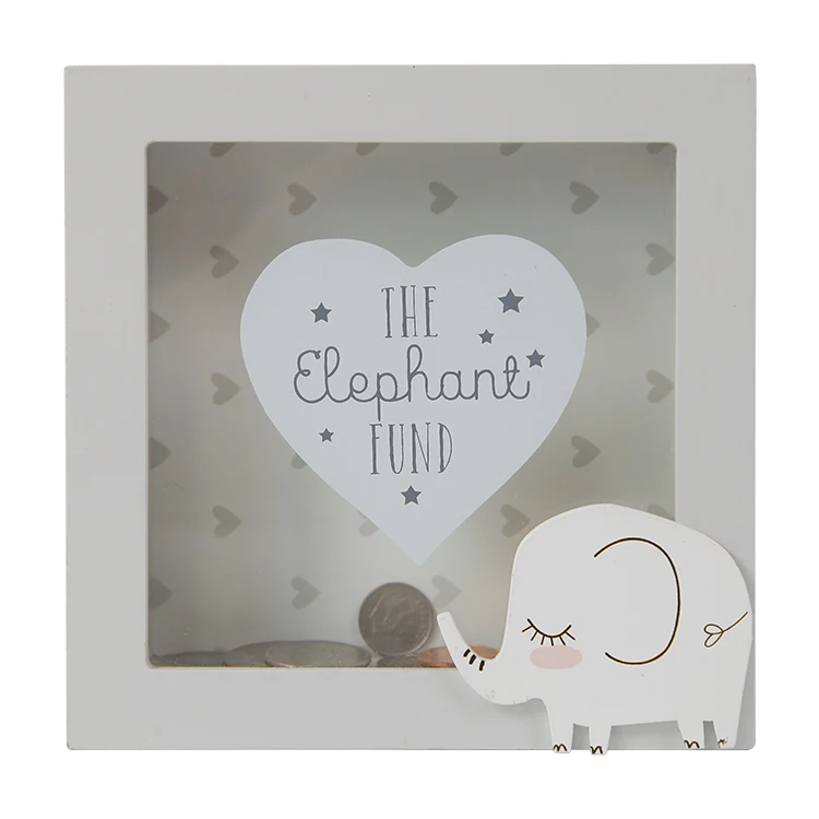 Wood White cute baby elephant piggy bank safe money box bank for kids gift decoration