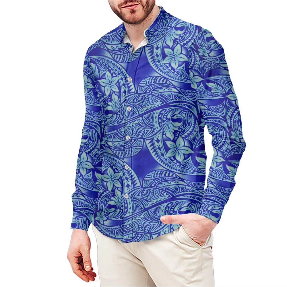 All Over Print Polynesian Tribal Samoan Fabric Blue Tapa Print Shirts Men Custom Plus Size Button up Long Sleeve Formal Shirts