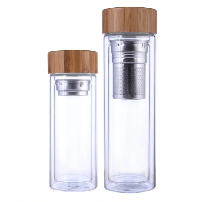 Eco bamboo lid private label insulated double wall glass water bottle with stainless steel tea infuser