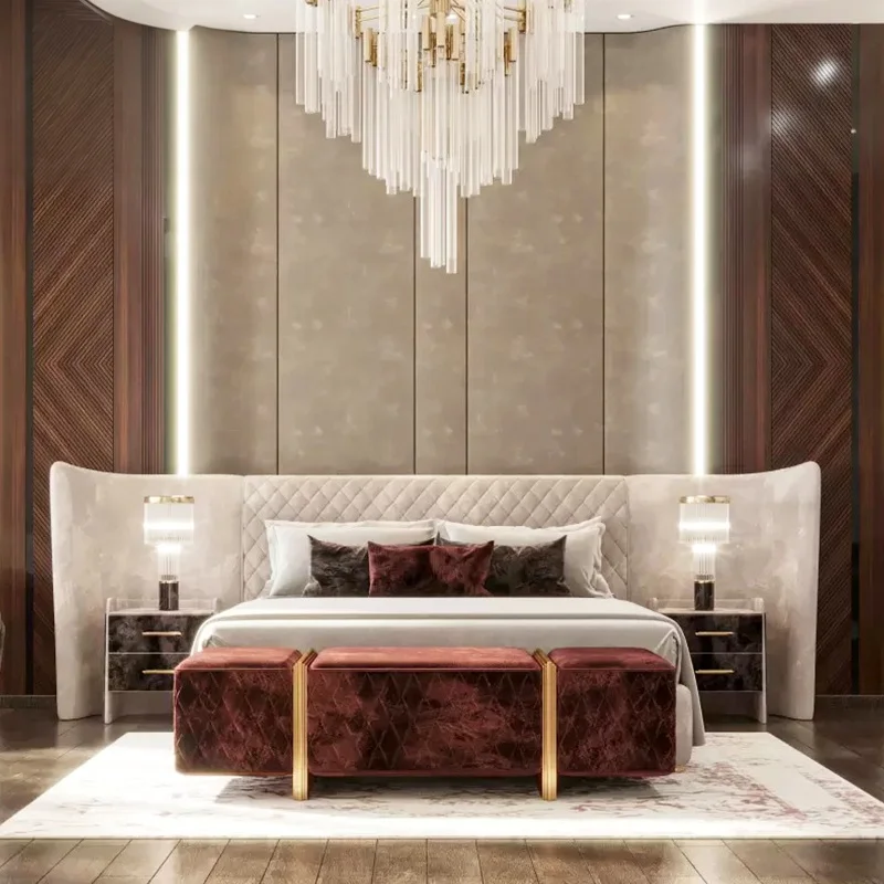 High end villa furnitures luxury velvet fabric large headboard bed set home super king size bed white bedroom furniture