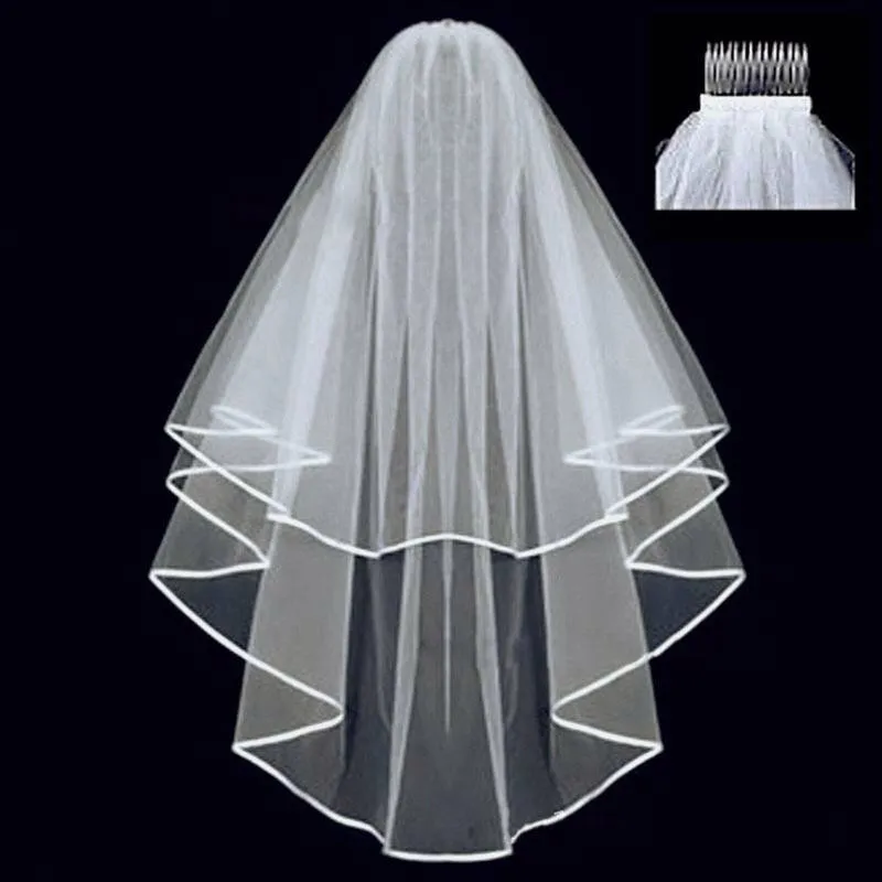 BSM364 Party Wedding Accessories Bridal Veils Double Layer White Tulle Ribbon Edge Bride Headdress Wear Gauze Kerchief Hair Comb