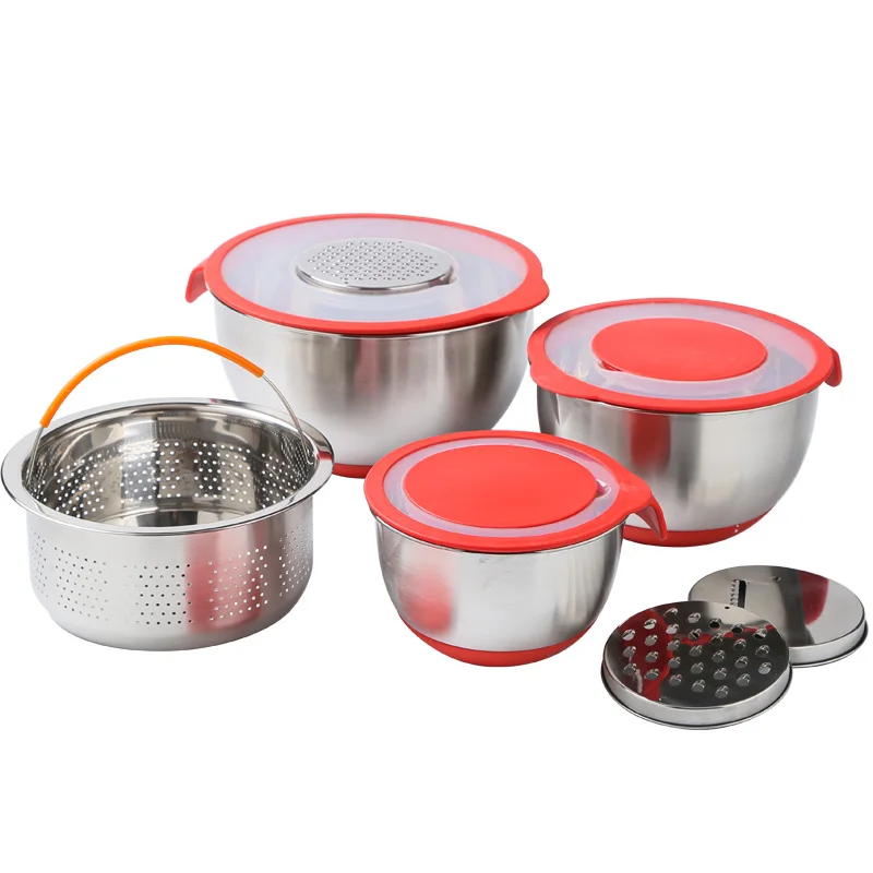 Nordic Decorative polish stainless steel food serving bowls set with lids non slip silicone base and handle for fruit veggie