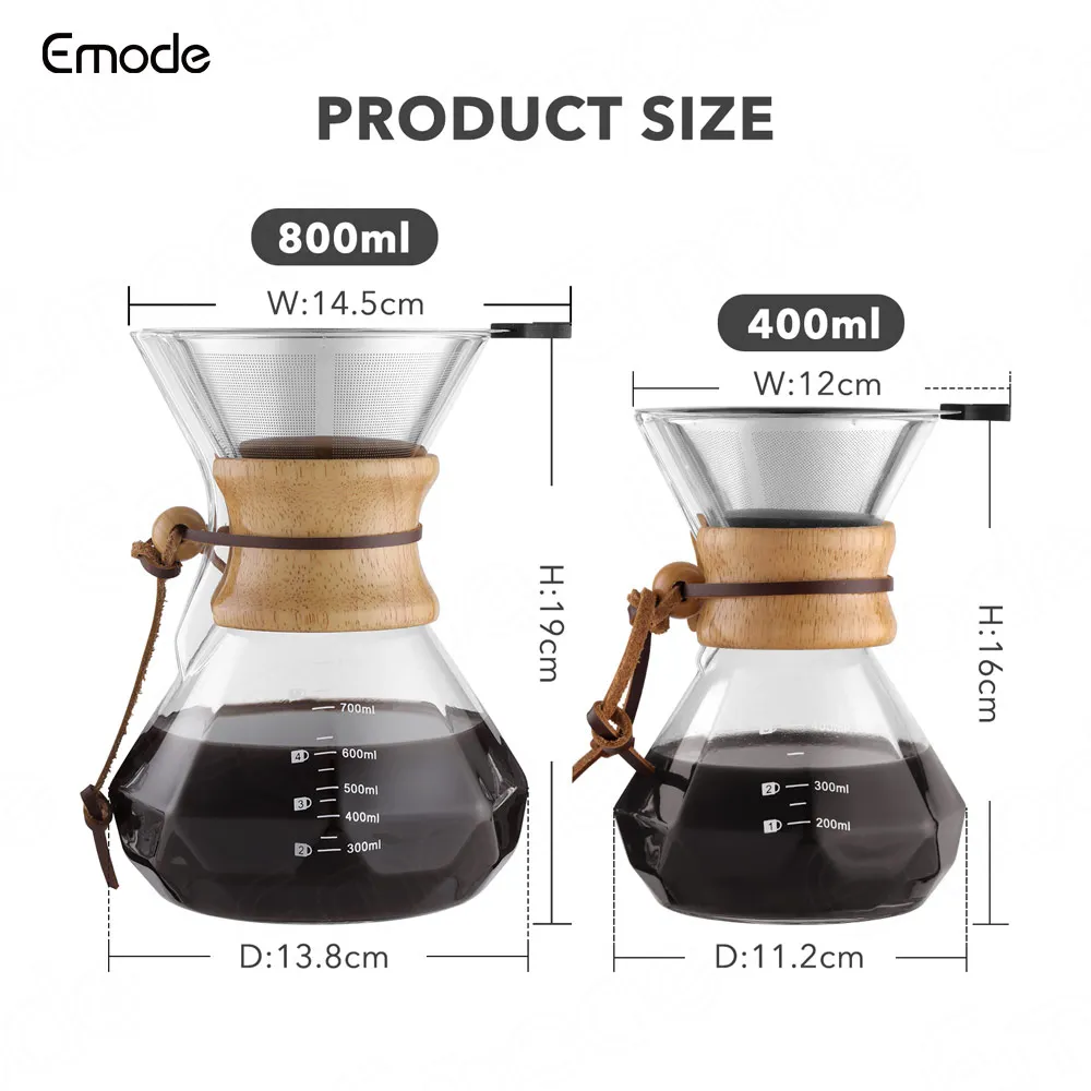 Emode Factory Price Custom Logo 800ml Borosilicone Glass Coffee Double Layer Mesh Filter Pot With Wooden Collar