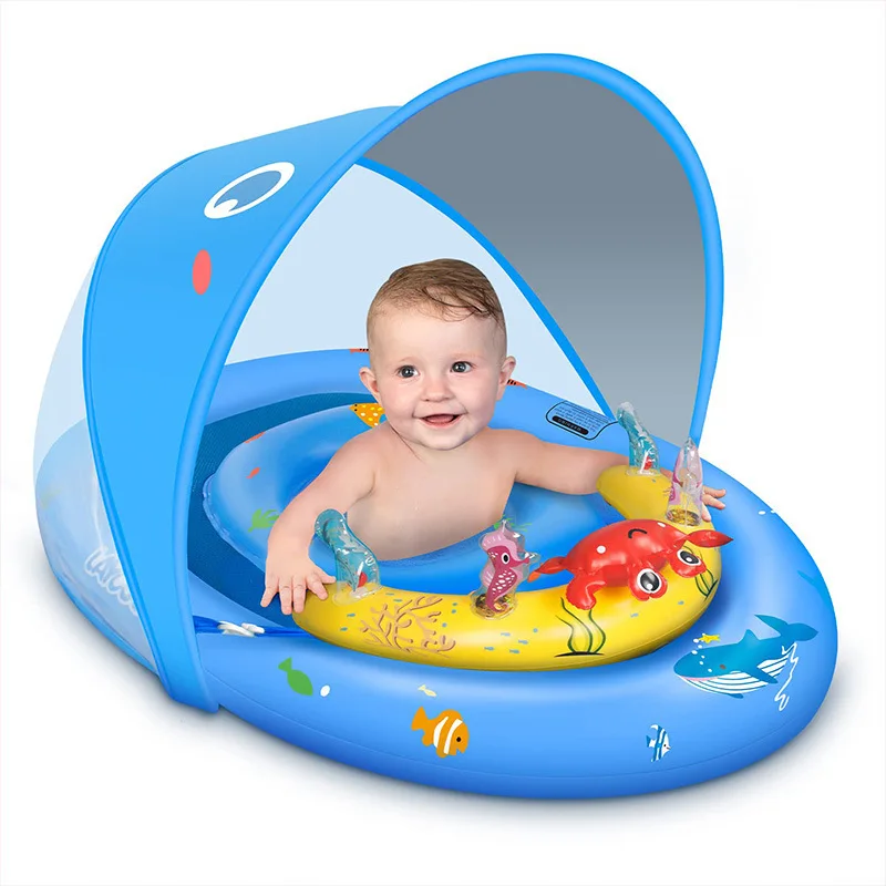 Blue Adjustable Safety Seat Polyvinyl Chloride Baby Swim Float with Sun Protection Canopy