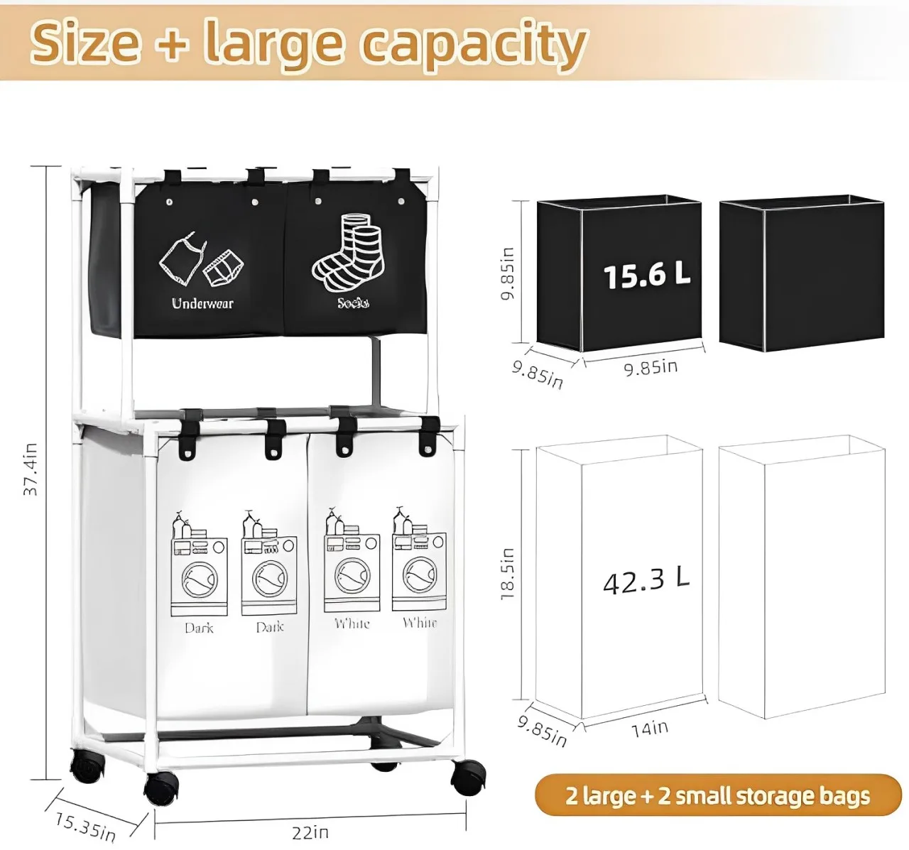 Laundry Hamper Large Blanket Basket Sorter 4 Section Bag Organizer  Heavy Duty Loundry Cart Baskets For Dirty Clothes