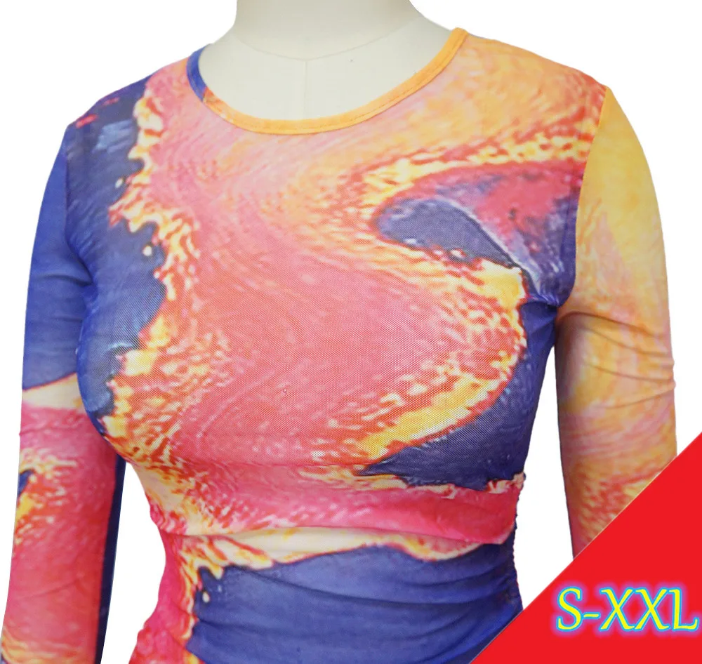 MISS Q K9986 Fall 2021 women clothes Explosive new casual dresses tie dye printed round neck drawstring dress womens dresses