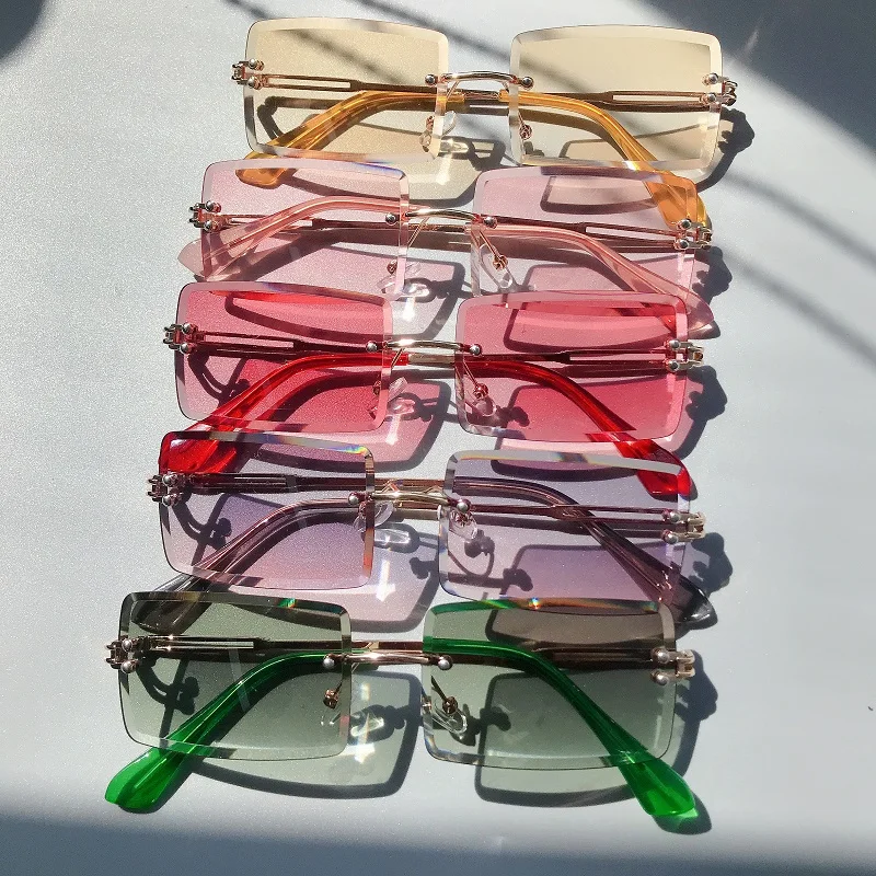 Sample Available Custom Small Rectangle Metal Shades Rimless Hot Trending UV 400  Sunglasses Women