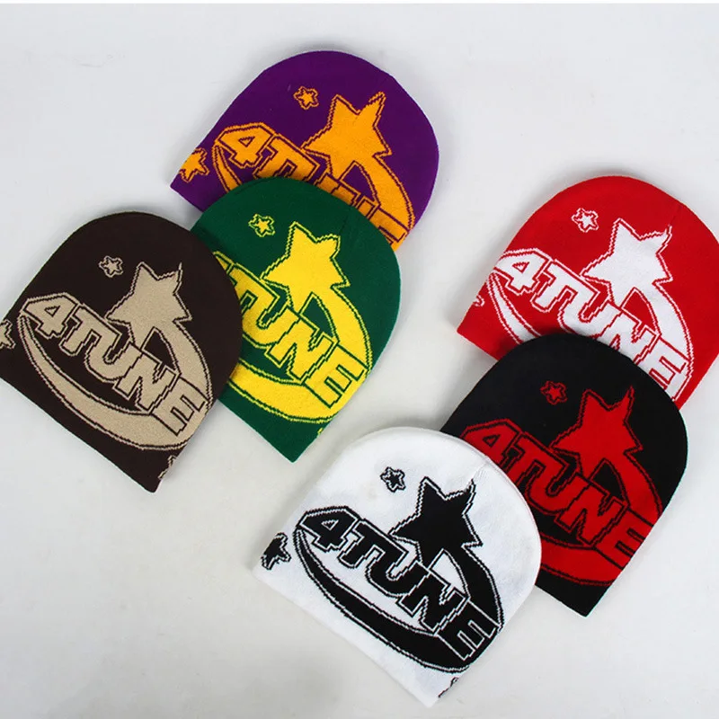Wholesale Fashion Design Y2K Big Letter 4 Tune Star Logo All Over Print Jacquard Knit Beanie Hat