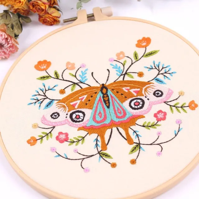 DIY Butterfly fox Pattern Embroidery Set Needlework Tools Printed Beginner Embroidery Round Cross Stitch Kit Sewing Craft Kit