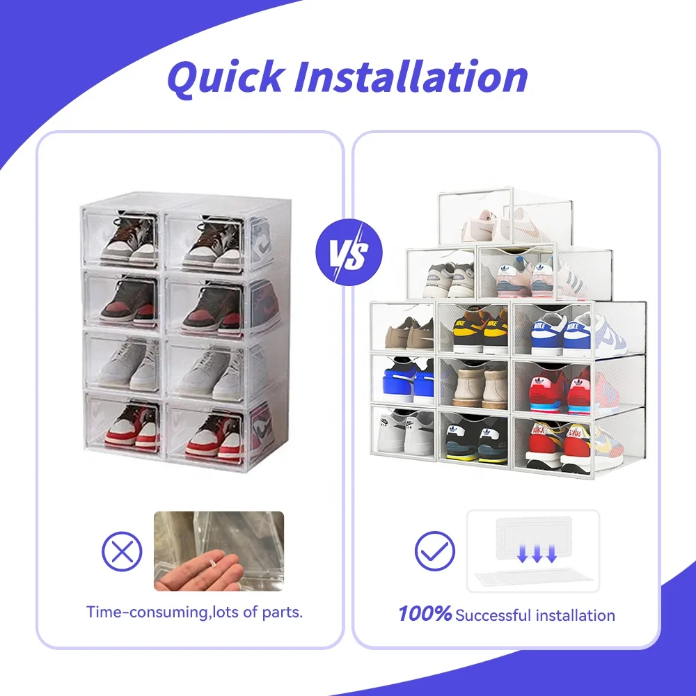 Clear Shoe Box Fashion Transparent Foldable Shoe Storage Box Custom Logo  Front Magnet Stackable Giant PP Material Shoe Box