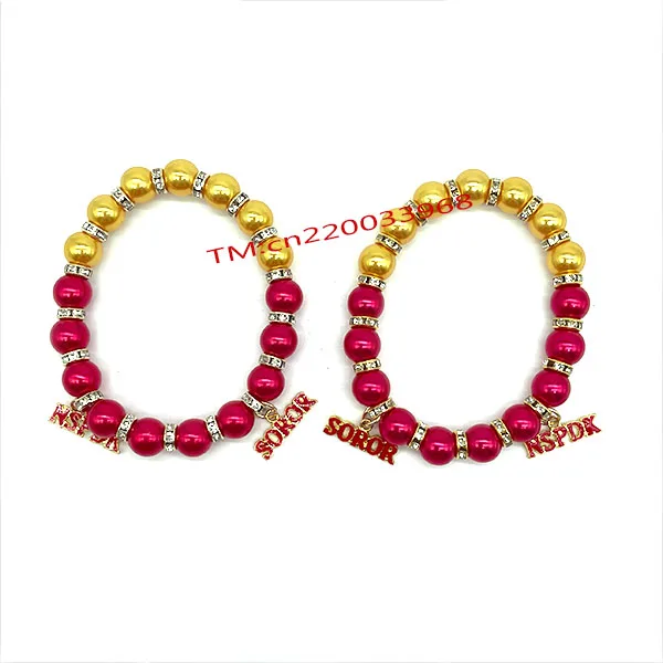 Custom Greek Letters Sorority Bracelets fashion Sigma Gamma Rho Red enamel NSPDK Soror charms Yellow Pearl Beads Bracelet