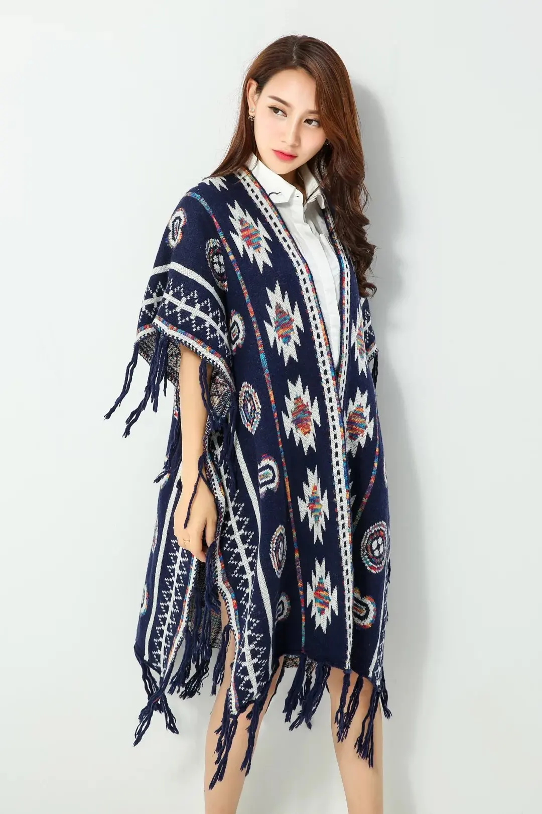 2024 Spring Winter Vintage Aztec Pattern Fringe Ethnic Scarves Knitted Jacquard Tassel Shawls for Women