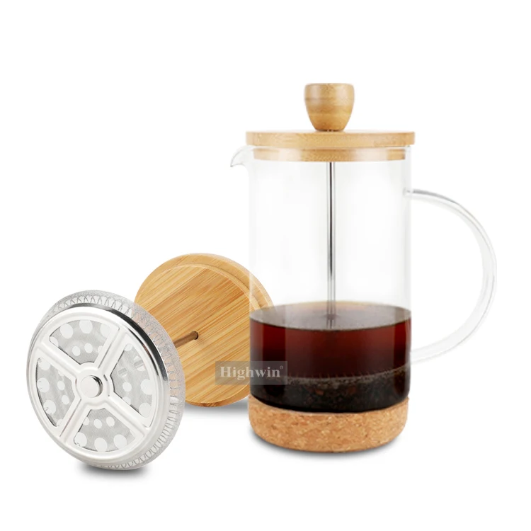 HIGHWIN Heat Resistant Bamboo Lid French Press High Borosilicate Glass French Press