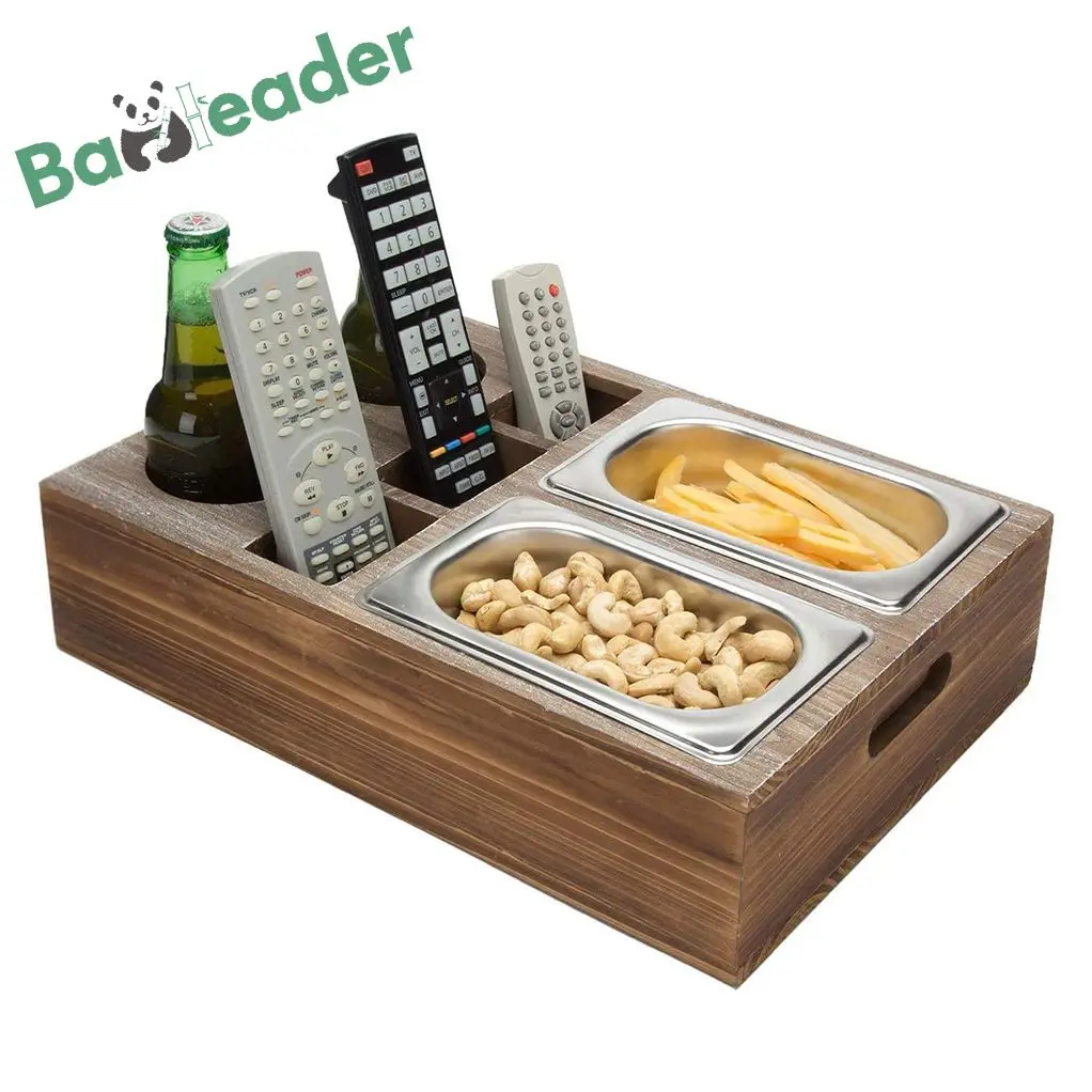 Vintage Gray Removable Couch Cup Holder Tray With Slots For Beer Beverages Remote Controls Tablets Bamboo Wooden Sofa Snack Box