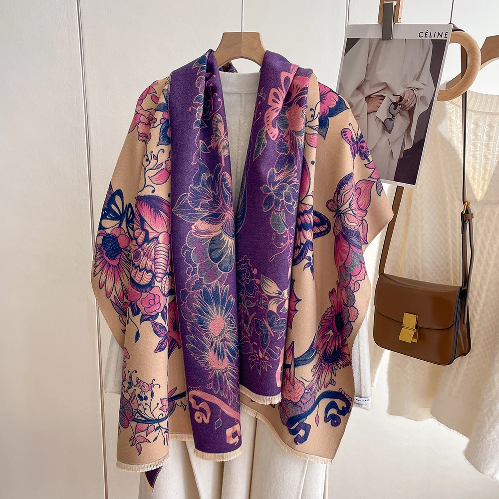 High quality Winter printed flower designer pashmina Acrylic thick knitted scarf cashmere scarfs for women stylish