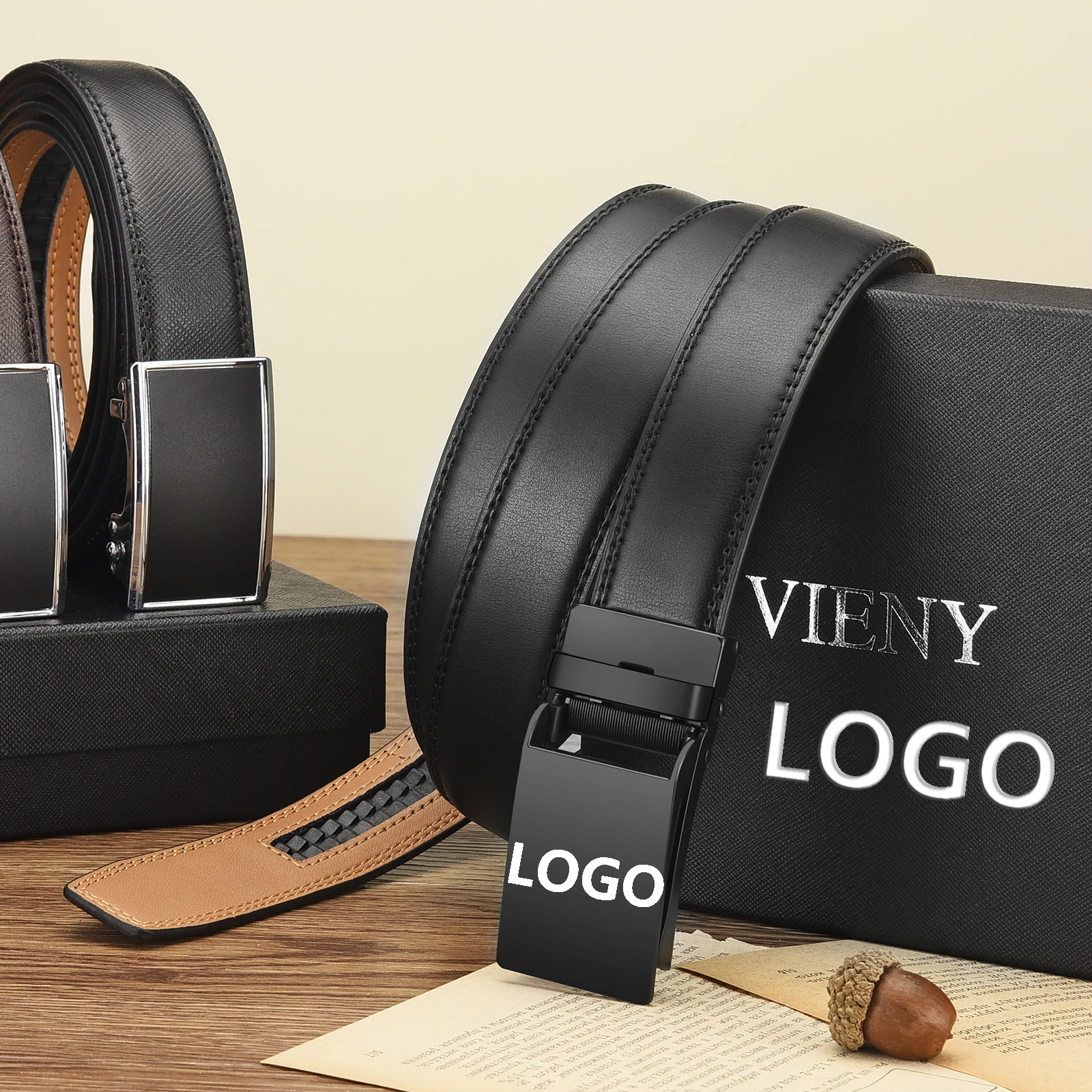 Custom logo Adjustable Belt Fashion Luxury Business Men Alloy Automatic Buckle Belt Black Genuine Leather Belts