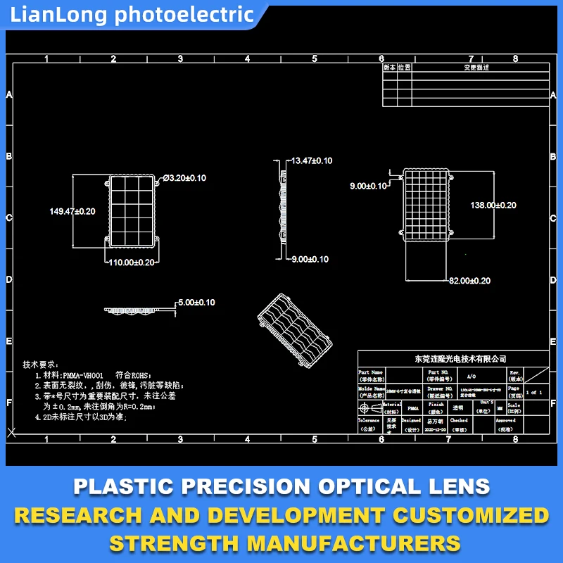 PMMA plastic optical lens designed for a 5.5-inch 3D printer array incorporating a 3x5 cell pattern in the module lens