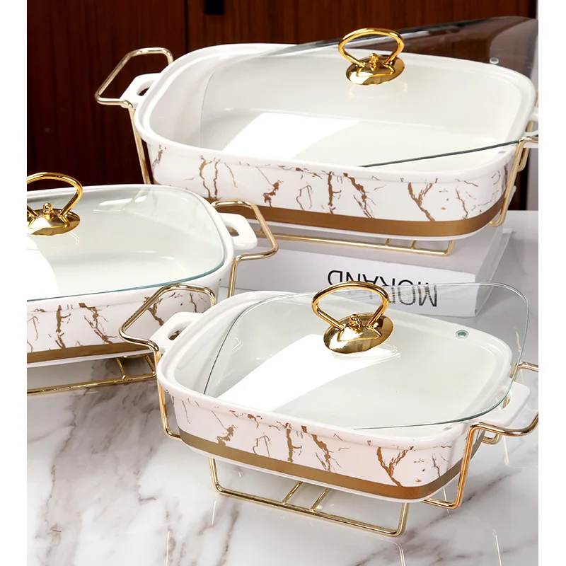  Towin роскошный золотой мраморный ресторанный прямоугольный горячий горшок керамический дисплей подогреватель еды со стеклянной