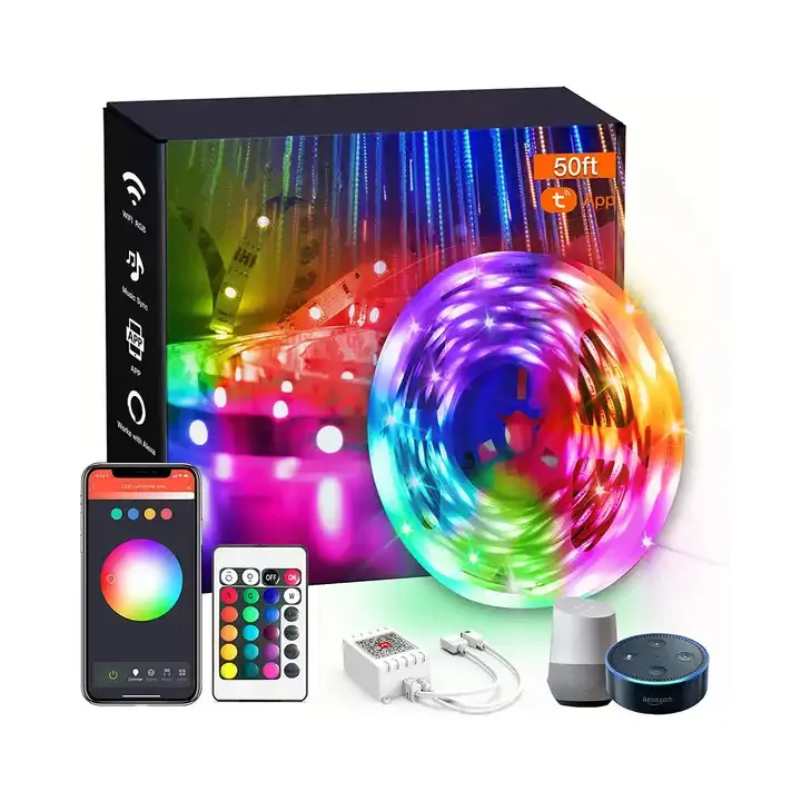 QQE WiFi Tuya IP20 12V 10m 5050 RGB App Control Alexa Google Voice Activated Smart LED Light Strips