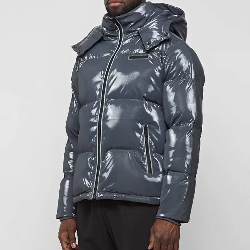 2022 Heavy Hooded High Quality Thick Designer Grey Winter Oem Oversized Logo Custom Men Shiny Puffer Jacket