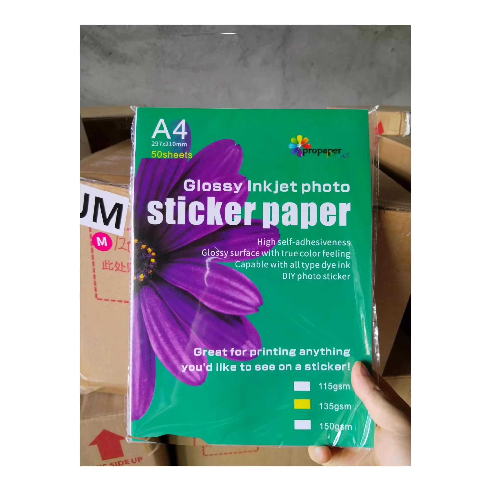 CHINA factory wholesale 135g  50sheets waterproof self-adhesive glossy sticker paper size A4 photo paper for inkjet printing